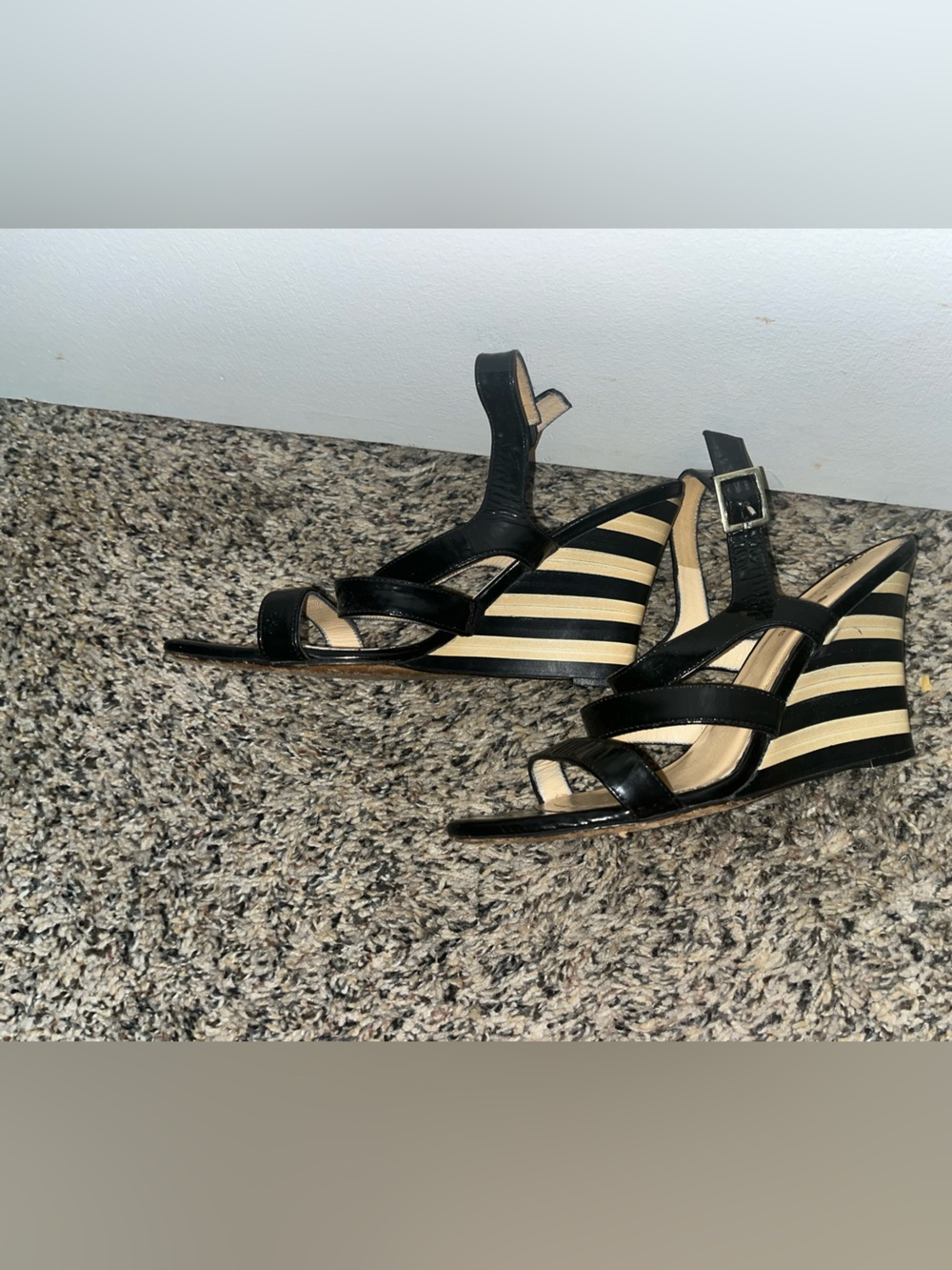 kate spade Black and Cream Striped Wedge Sandals